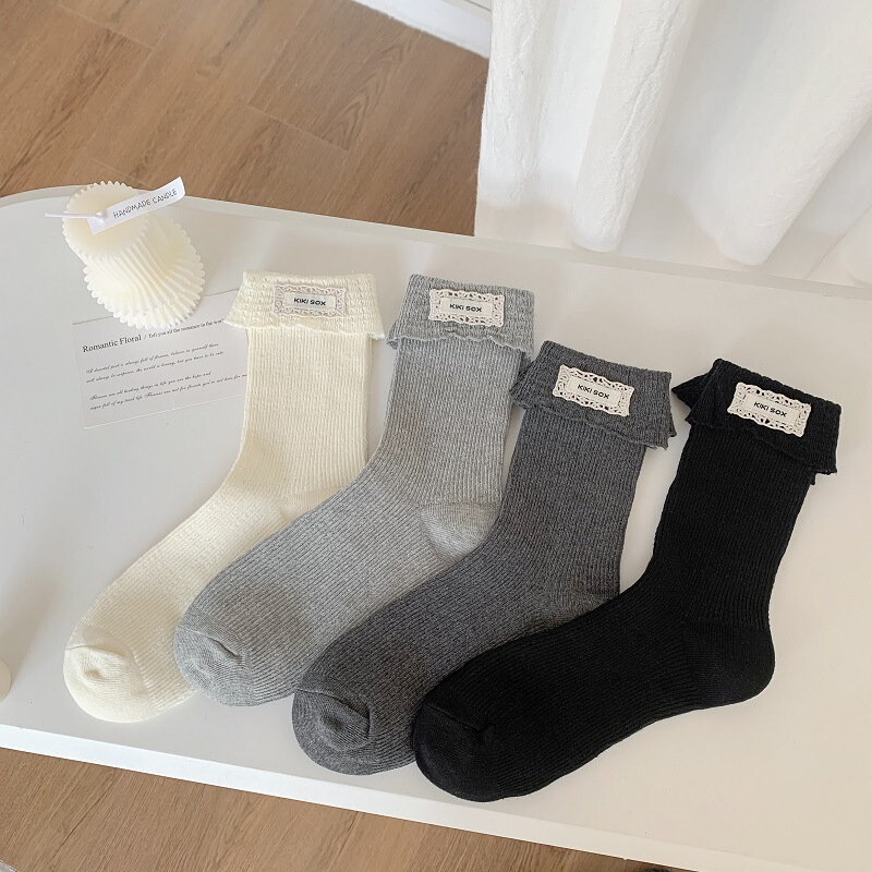 South Korea Grey Lace Cloth Label Socks Women's Turn-up Double Needle High-end Korean Style Lace Socks Japanese Style Girl's Vintage Cotton Socks