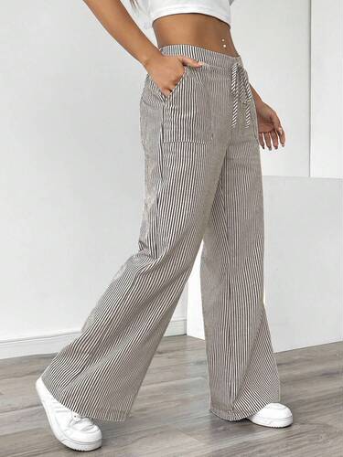Euramerican Spring and Summer New Striped Long Pants Leisure Match Street Fashion Loose Wide Leg Women
