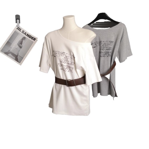 Korean letter print tie waist off-shoulder short-sleeve T-shirt for women, summer loose cute slimming top 96068