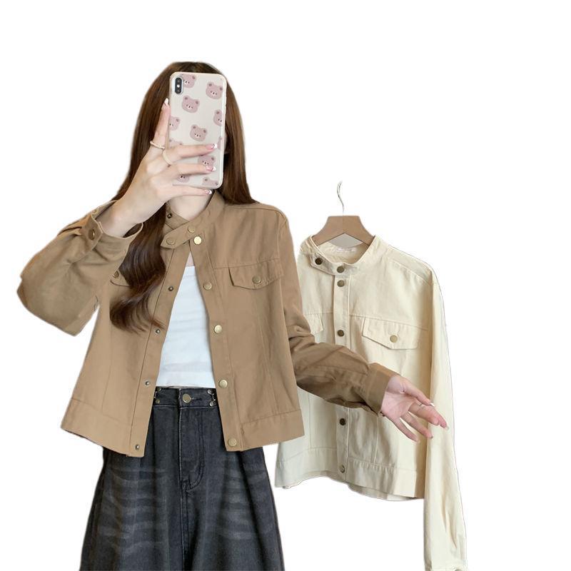 大码女装长袖立领咖色外套女秋季新款胖mm显瘦宽松短款复古夹克潮|undefined