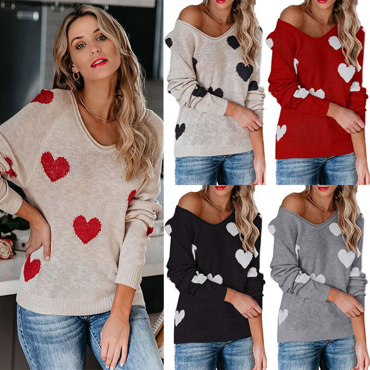 2025 New Autumn and Winter Cross-Border Amazon Loose Heart Valentine's Day V Neck Knitwear European and American Pullover Knitwear for Women