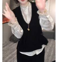 时尚老钱风衬衫上衣2025秋季新款新中式丝绒马甲两件套女