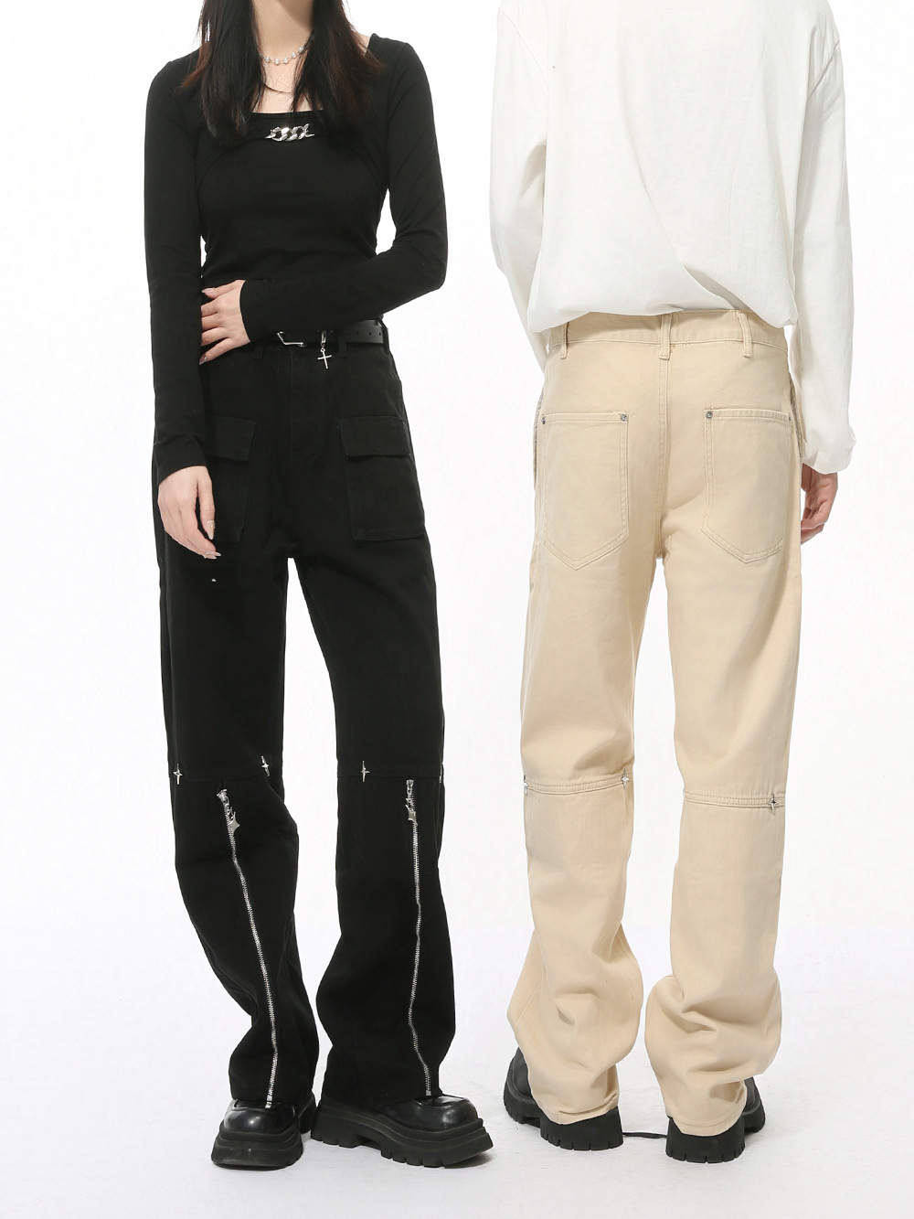 MTLCLOTHES Hombres| Cuatro temporadas nuevos productos de nicho Zhong Zipper empalme diseño de metal Zhong Zhong Jeans