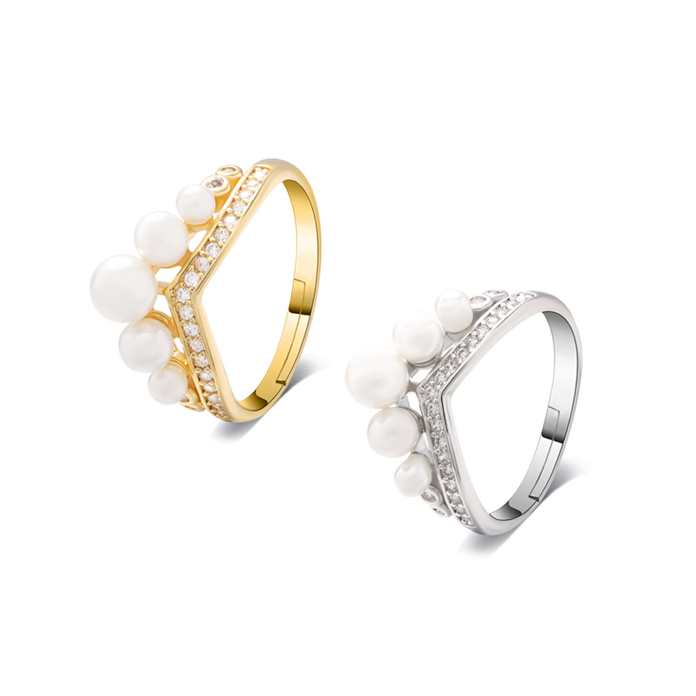 European and American niche design queen crown Diamond Pearl V-shaped ring female ins high-grade light luxury fashion ring