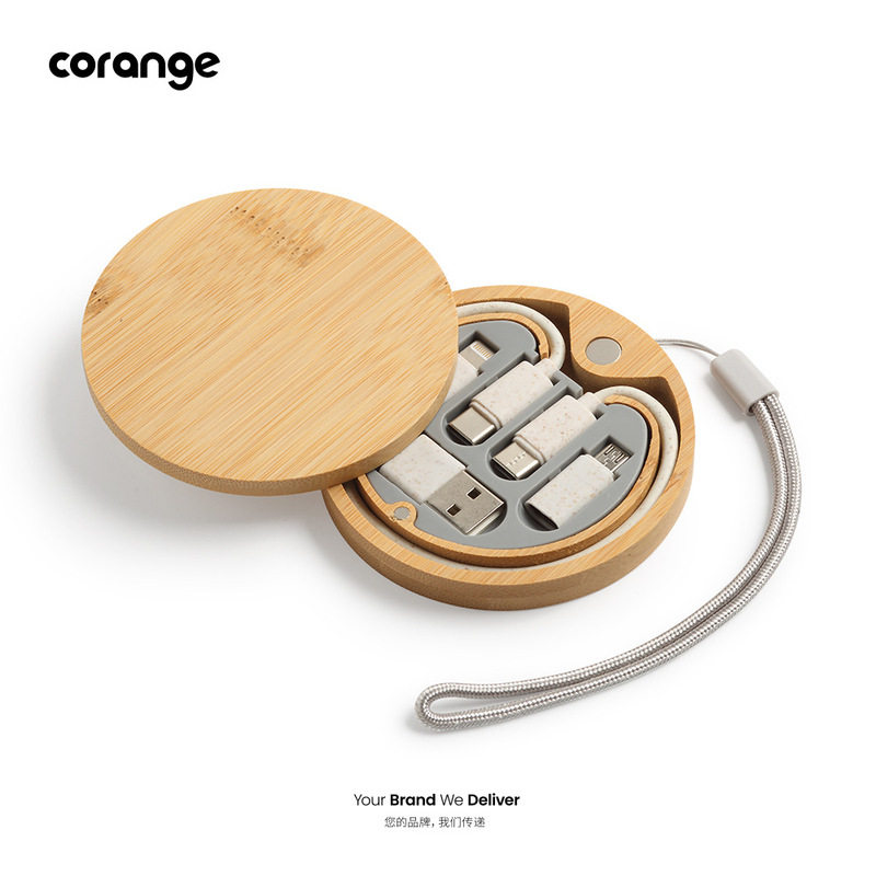 Corange展会环保礼品 竹壳充电线套装-圆形 可以定制logo印刷|undefined