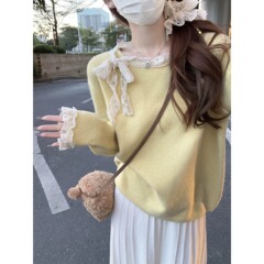 韩版圆领甜美蕾丝边针织毛衣女夏季2025新款洋气百搭休闲显瘦上衣