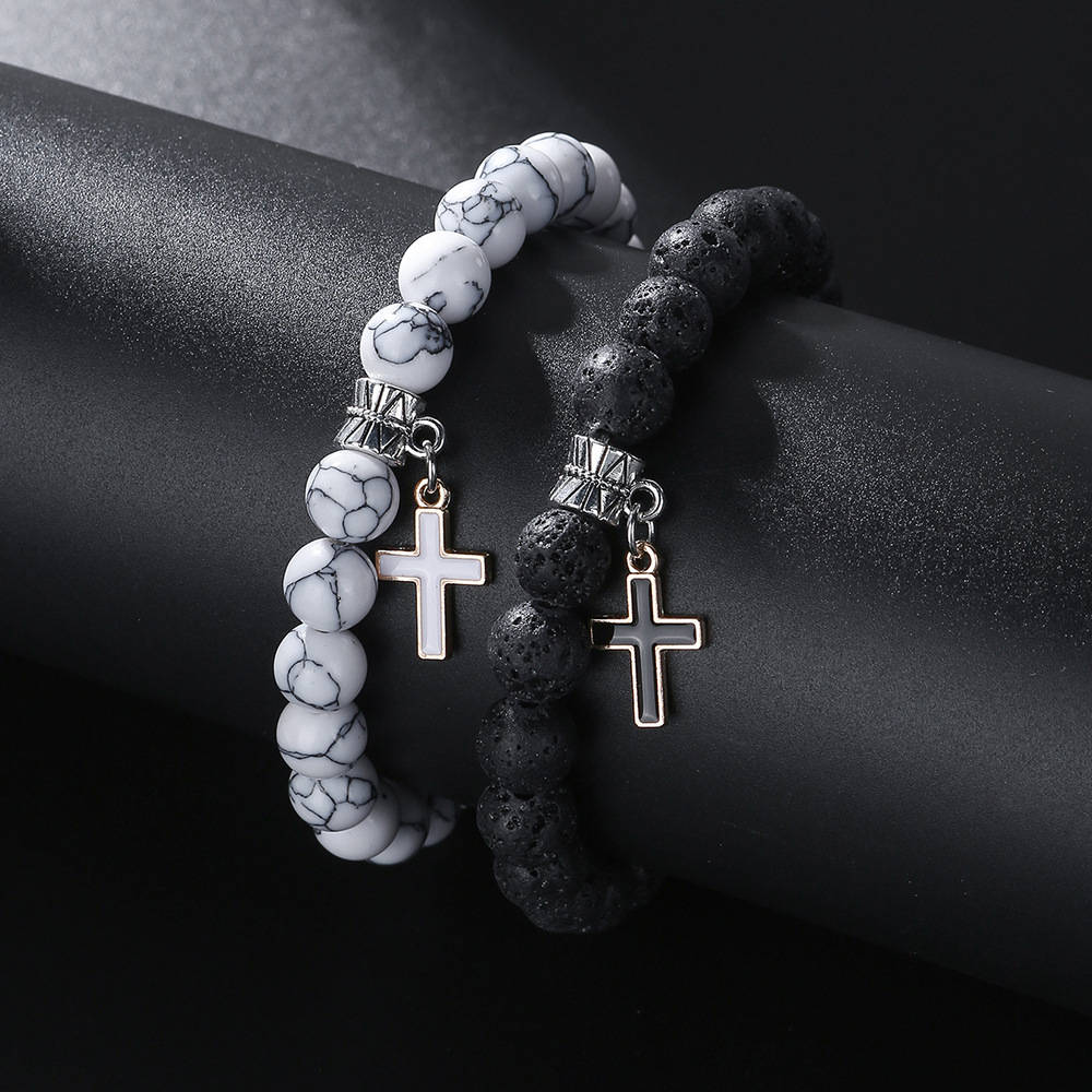 Elastic Couple Bracelet With Volcanic Stone And Astronaut Charm_voghion.com