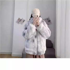 秋冬新款毛呢外套宽松扎染立领獭兔毛年轻款仿皮草大衣百搭慵懒风