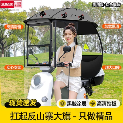 Elektromobil üçün ön şüşə çətiri (günlük) — Model Electric Vehicle Canopy, Windproof - sliding-window-side-baffle-single-sided-canopy-gray-cat-handlebar-with-rearview-mirror