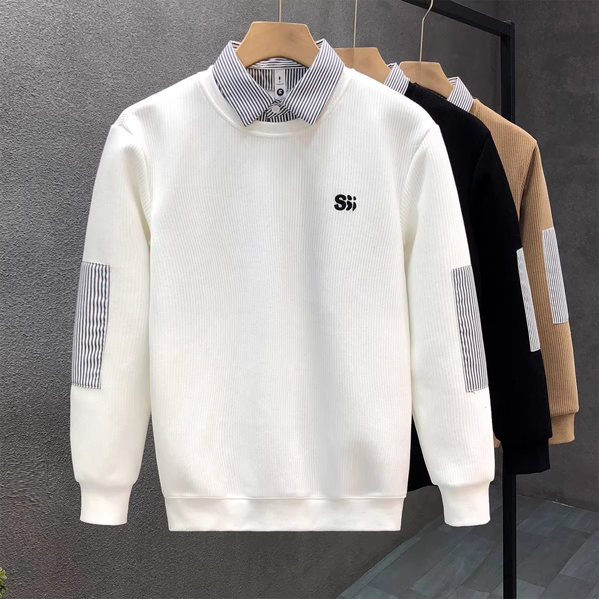 高端假两件卫衣男潮牌秋季上衣2025春季新款男士百搭衬衫领打底衫