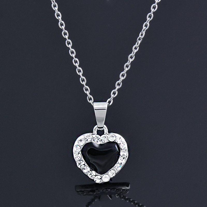 Fashion Heart Shape Titanium Steel Enamel Inlay Rhinestones Pendant Necklace 1 Piece