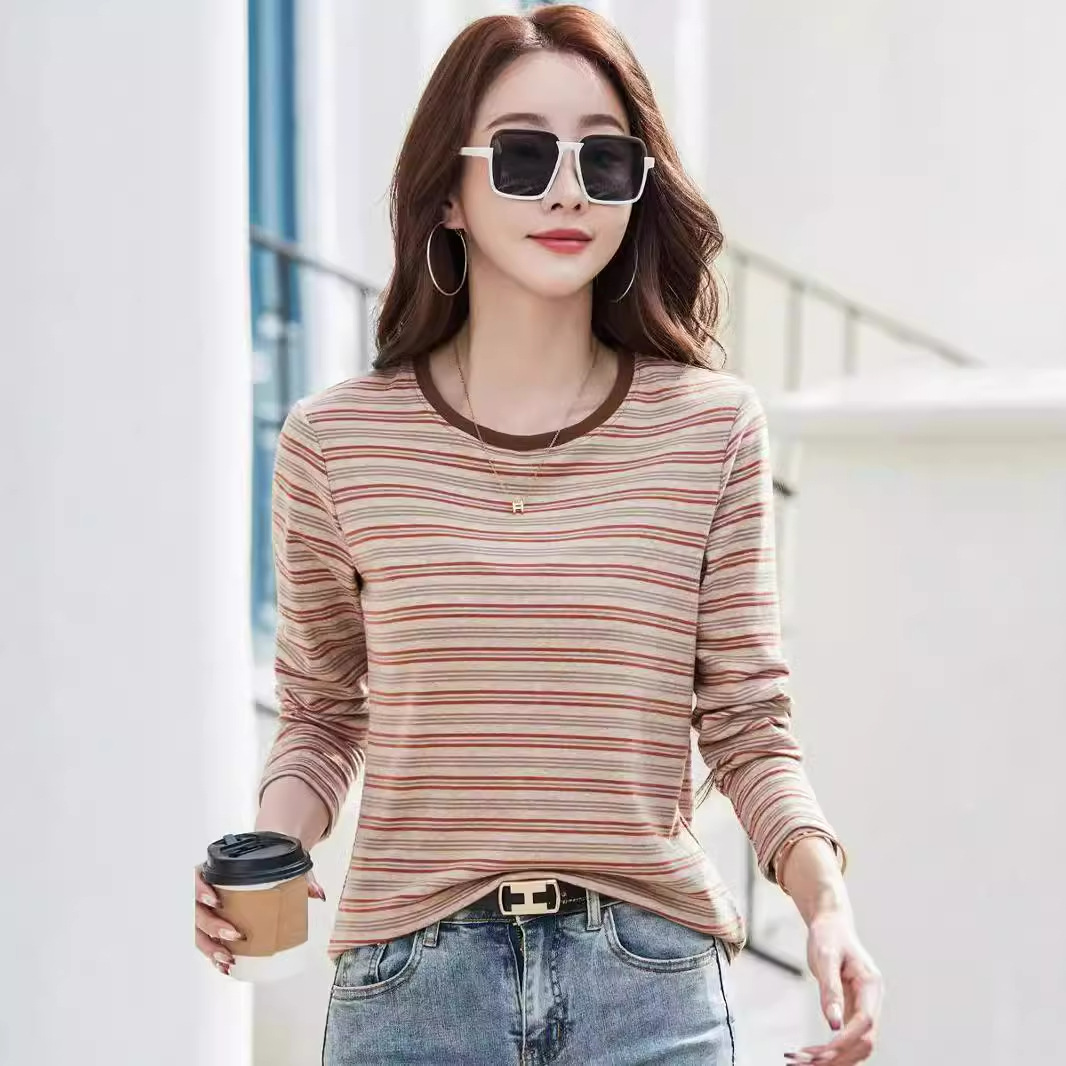 466 New Striped Long-Sleeved Base Shirt Round Neck T-Shirt Versatile Top Korean Style Stylish Retro Autumn Wear Inner Layer