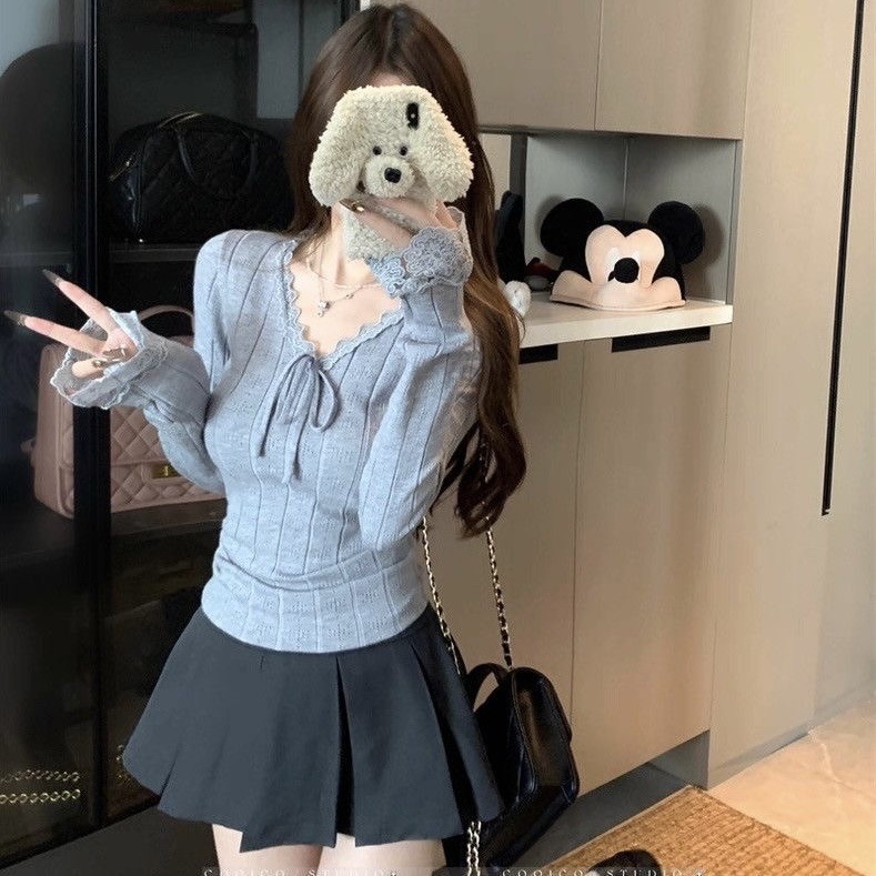 设计感针织衫女早秋氛围感穿搭蕾丝上衣韩系V领修身显瘦长袖上衣|undefined