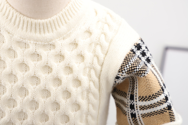 Girls' Sweater Autumn/Winter 2023 New Fashionable Korean Edition Thickened Plaid Splicing Fried Dough Twists False Two_voghion.com