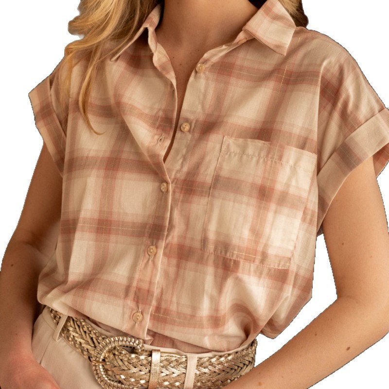 Camisas de verano europeas y americanas de cuadrícula de mangas cortas retro casuales de algodón sueltas camisa de viaje francesa de comercio exterior image 6