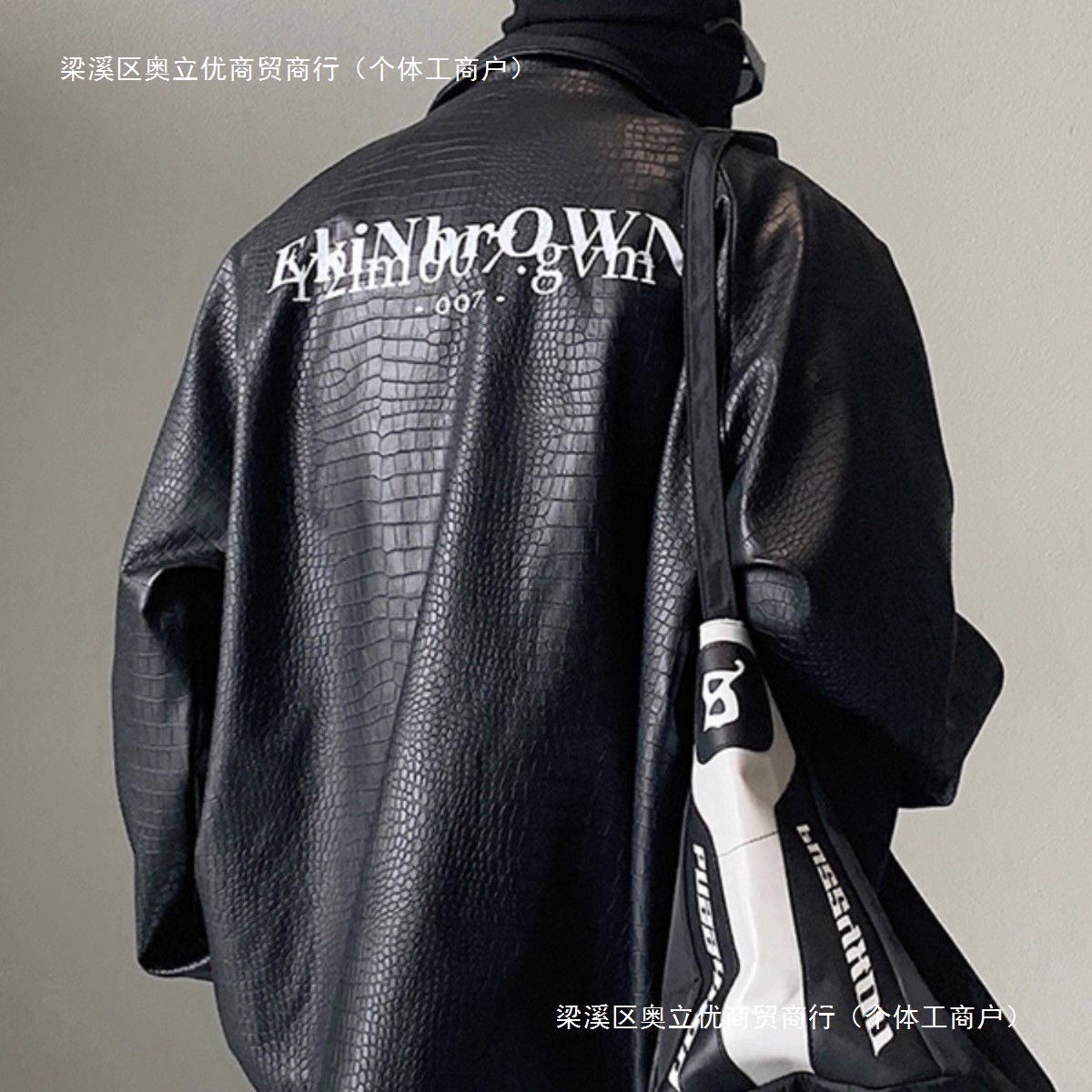 鳄鱼纹皮衣外套男春秋季美式高街潮牌ins印花宽松大码机车皮夹克