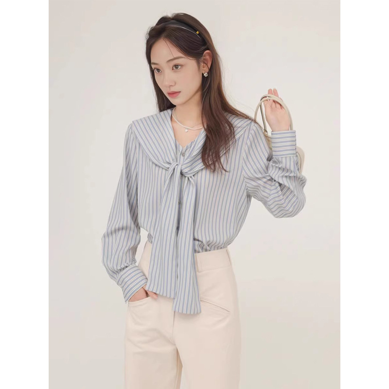 French High-end Top Navy Collar Strap Design Blue Striped Shirt Women's Spring Loose Long-sleeved Shirt