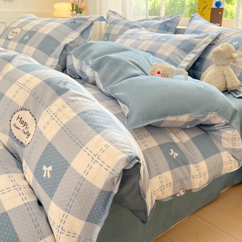 Thickened Brushed Four-Piece Set, Small Fresh Student Dormitory Three-Piece Set, Washed Cotton Bed Sheetss, Quilt Cover, Bedding 4