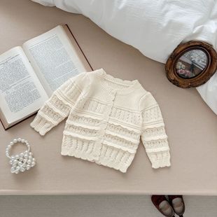 Ins Spring & Fall Korean Style Infant Cut Out Knitted Sweater for Baby Girl Three-Layer Lace Round Neck Fashionable Versatile Cardigan