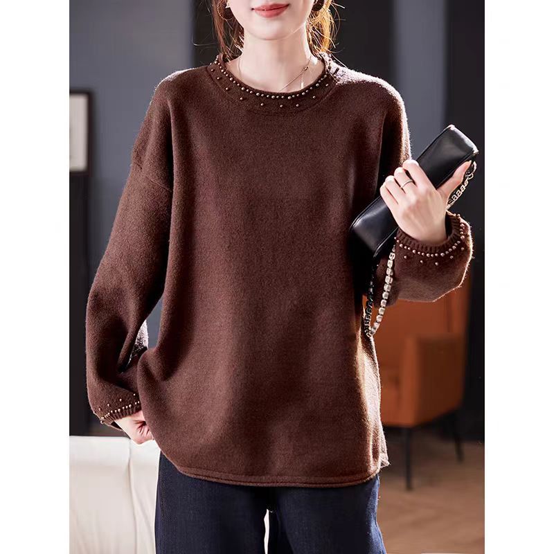 Suéter retro literario de otoño de mujeres 2025 nuevo relajado sensación de collar redondo suelto cuentas de punto camisa de manga larga