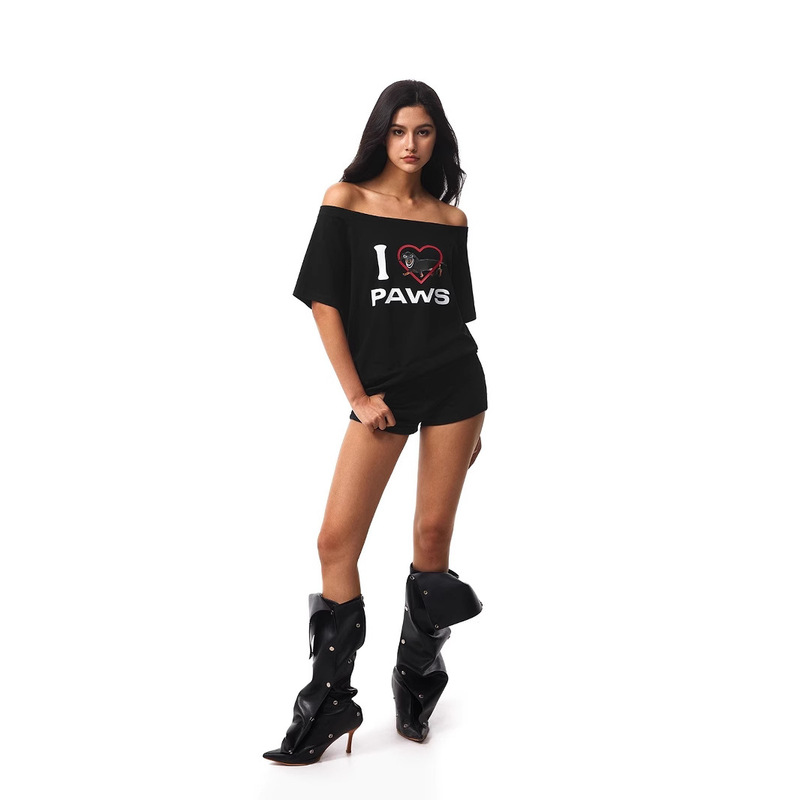 FDR公式ストア「I Love Dogs」ダックスフント アメリカン半袖Tシャツ 男女兼用 夏 カップル 斜め肩トップス|undefined