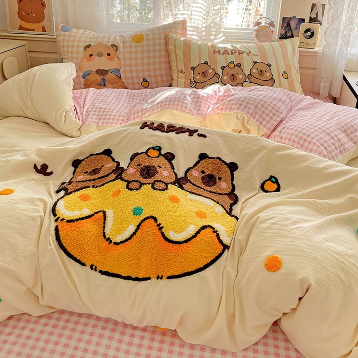 新款纯棉毛巾绣四件套ins小清新全棉裸睡被套床单学生卡通三件套