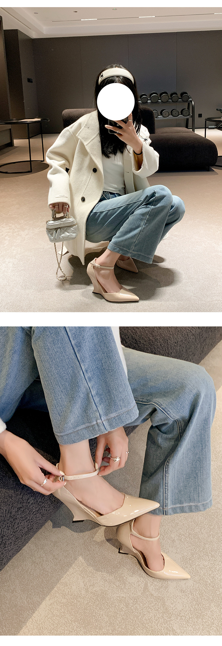 Giày sandal cao gót nữ mũi nhọn quai ngang chất liệu da bò sơn cao cấp, gót xuồng 9 cm — màu đen, màu trắng, màu mơ, màu đỏ chi tiết 22