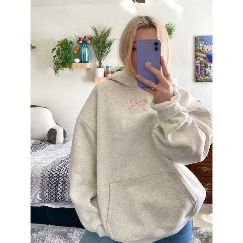European and American Sweet Style Pink Bow Embroidered Pullover Hoodie Winter High Street Girl Signature Cotton Sweatshirt Y2K European and American Sweet Style Pink Bow Embroidered Pullover Hoodie Winter High Street Girl Signature Cotton Sweatshirt Y2K