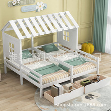 儿童床房屋形状双胞胎可伸缩飞屋床平台床木屋蒙氏床带储物空间