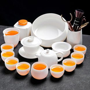 Dehua Sheep Fat Jade Tea Set for Home Use, Light Luxury White Jade White Porcelain Kung Fu Tea Pot, Tea Cup, and Cover Bowl for Reception