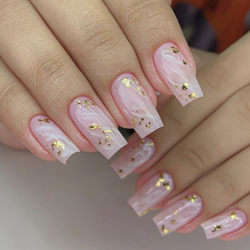 Wear Armor Medium Rectangular pink Simple Marble Snob Gold Foil Embellishment Decorative Fake Nail Patch Wear Armor Medium Rectangular pink Simple Marble Snob Gold Foil Embellishment Decorative Fake Nail Patch