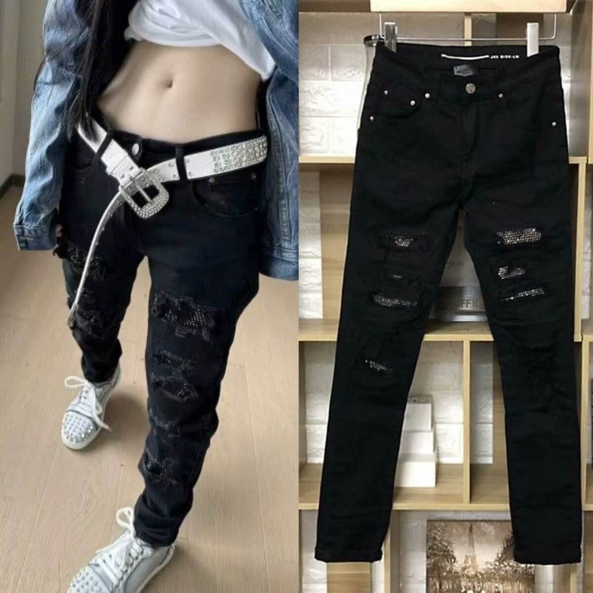 New Casual High Street Ripped Jeans Unisex Rhinestone Slim Straight Pants Spring Autumn Mid-Waist Regular_mkmklike.com
