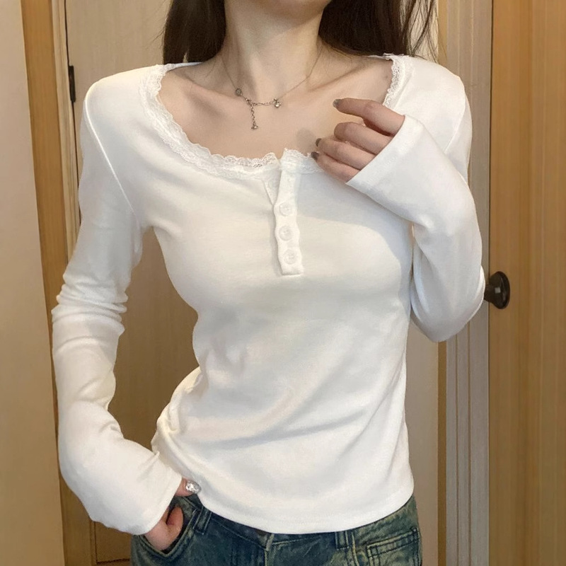 Song Zhengen Lace U Collar Front Shoulder T-shirt Women's Long-sleeved Spice Girl Inner Autumn Lace Slim-fit Base Shirt Short Top