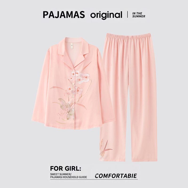 【High Quality】Spring and Autumn Ice Silk Pajamas for Women, Soft, Thin, Sweet, Luxurious, High-End Silk Home Wear