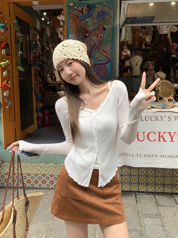 纯欲V领薄款木耳边防晒开衫女2025秋季新款纽扣修身外搭针织上衣|undefined