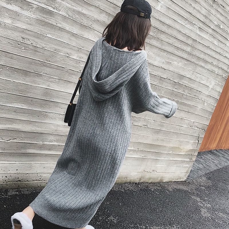 Autumn and Winter New Style Extended Over-The-Knee Hooded Loose Lazy Style Knitted Dress Vertical Stripes Slim Sweater Dress for Women Autumn and Winter New Style Extended Over-The-Knee Hooded Loose Lazy Style Knitted Dress Vertical Stripes Slim Sweater Dress for Women