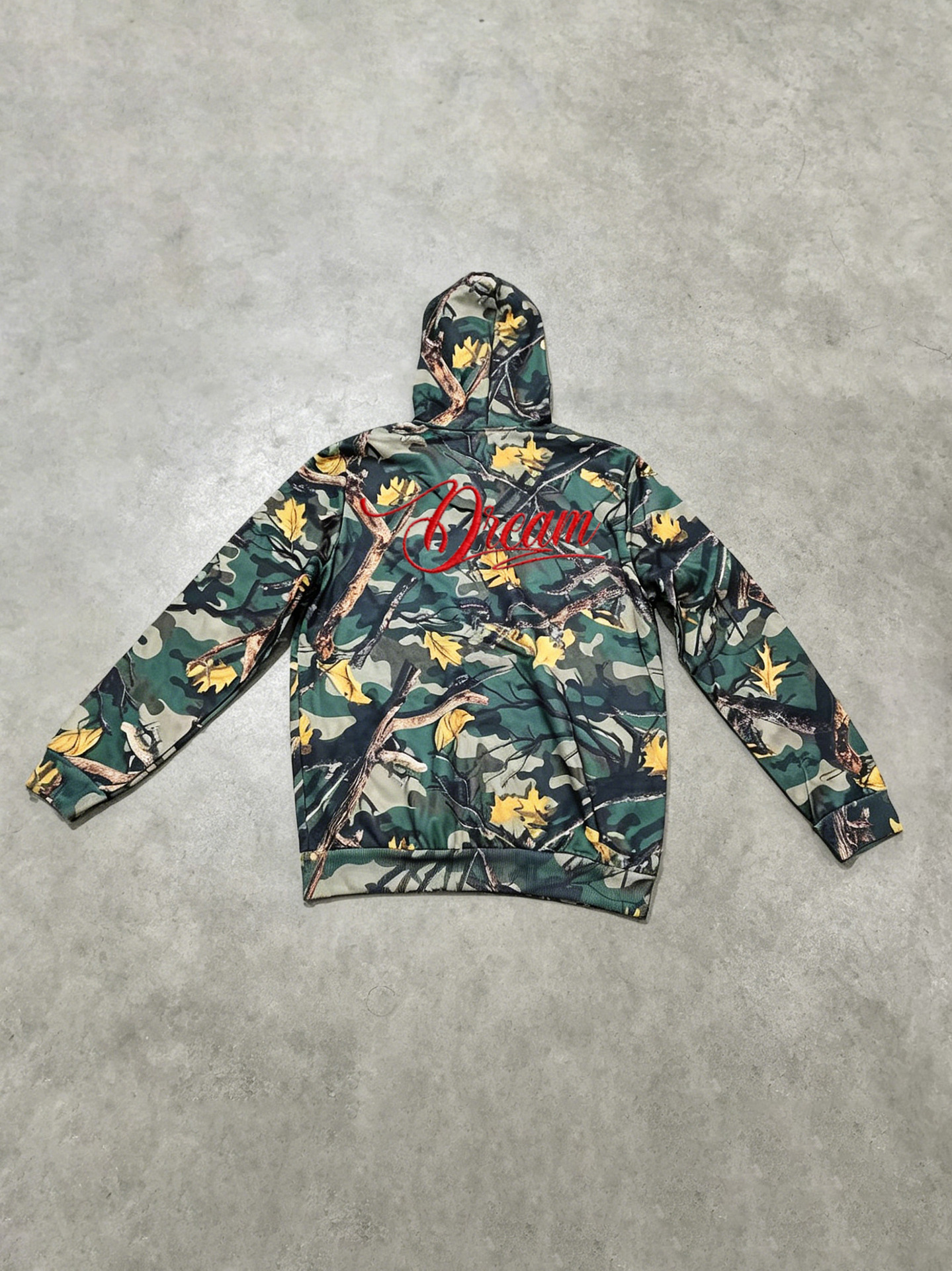Men's Forest Camouflage Dream Embroidered Signature Two-Piece Set Hooded Sweatshirt And Flared Sweatpants_viptrois.com