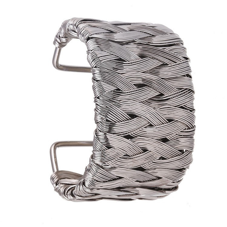 Venta caliente europea y americana exagerada metal tejido a mano pulsera de bobinado de la moda de las mujeres abierto de cara ancha pulsera de joyería al por mayor