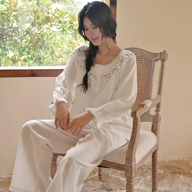 梭织棉睡衣女秋季2025新款甜美少女绣花休闲宽松可外穿家居服套装