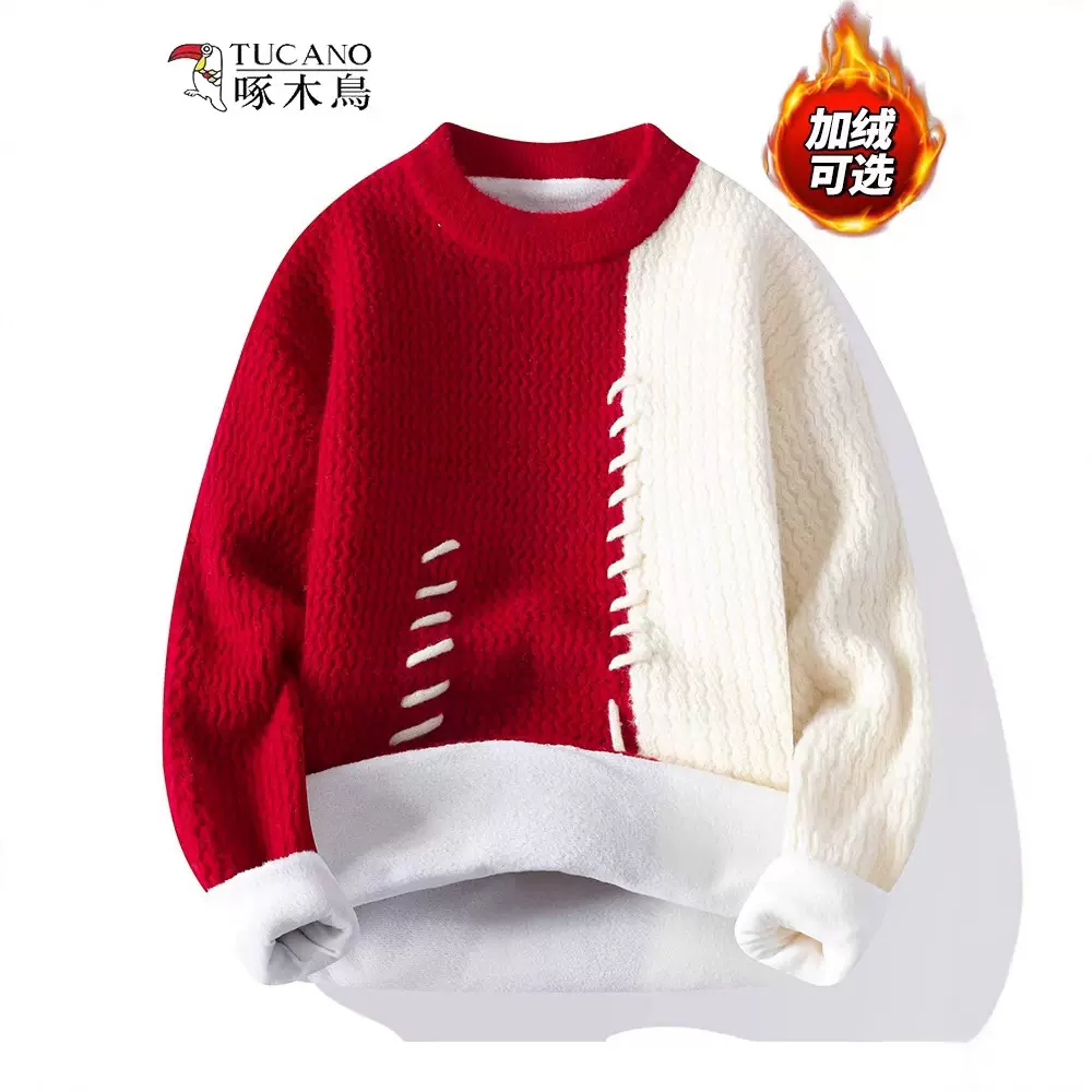 啄木鸟新款加绒毛衣男秋冬潮流加厚保暖宽松圆领圣诞节休闲针织衫