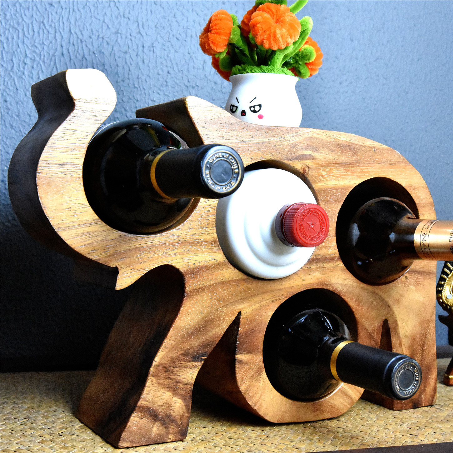 泰国进口柚木红酒架置物架创意家居摆件酒庄酒柜摆件东南亚风格