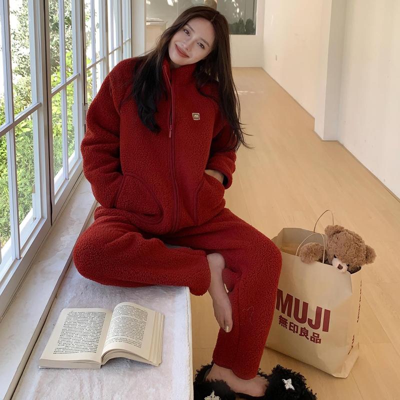 CaCa情侣睡衣羊羔绒冬季立领拉链男休闲外穿运动加厚家居服女套装|undefined