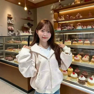 内抽绣花后包领条纹连帽卫衣女装秋冬韩系慵懒风小个子开衫上衣潮