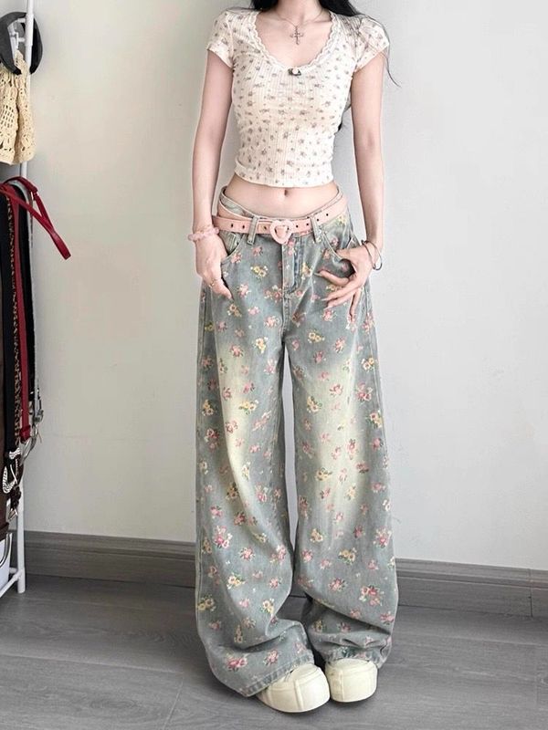 美式复古水洗花卉满印牛仔裤女夏季设计感高腰宽松显瘦直筒阔腿裤|undefined