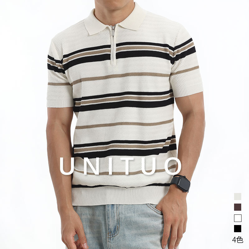 Summer New Style Wavy Striped Knitted Polo Shirt for Men, Short-Sleeved Zipper Lapel, Ice Silk Breathable Business Casual Men's Shirt