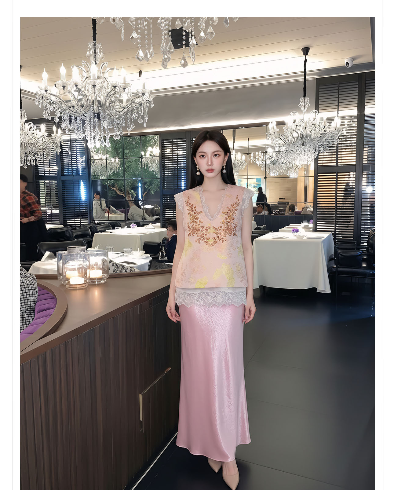 Bộ áo gi lê ngắn không tay + váy ren dây mảnh phong cách tân cổ điển họa tiết thêu hạt — Gạo trắng Sling, Bộ ba mảnh, Áo gi lê màu hồng, màu hồng nửa váy chi tiết 9
