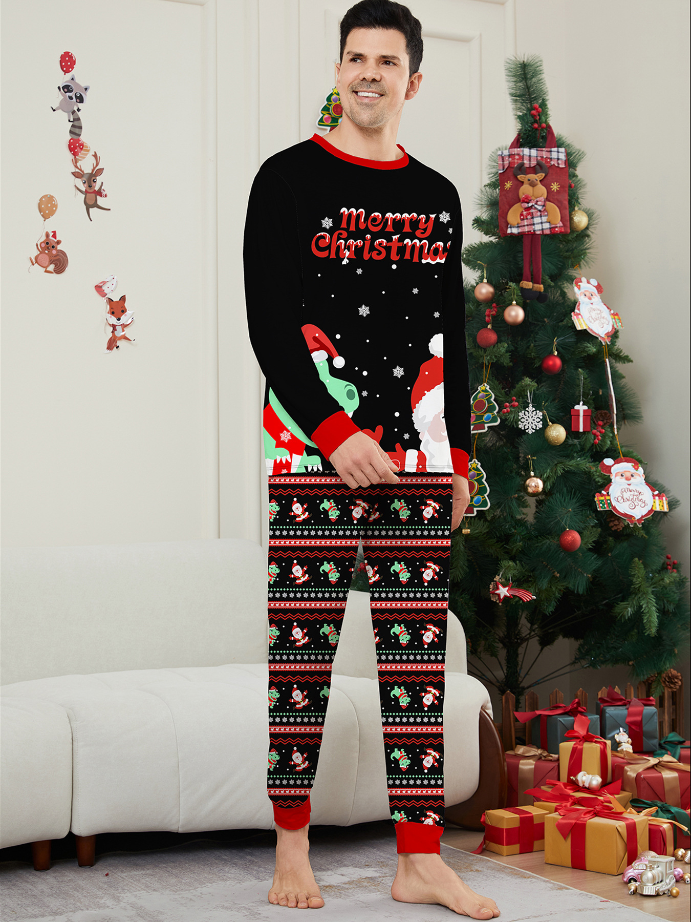 Weihnachts-Familienanzug mit Weihnachtsmann und Dinosaurier, Weihnachts-Familienanzug, schwarze Loungewear_voghion.com