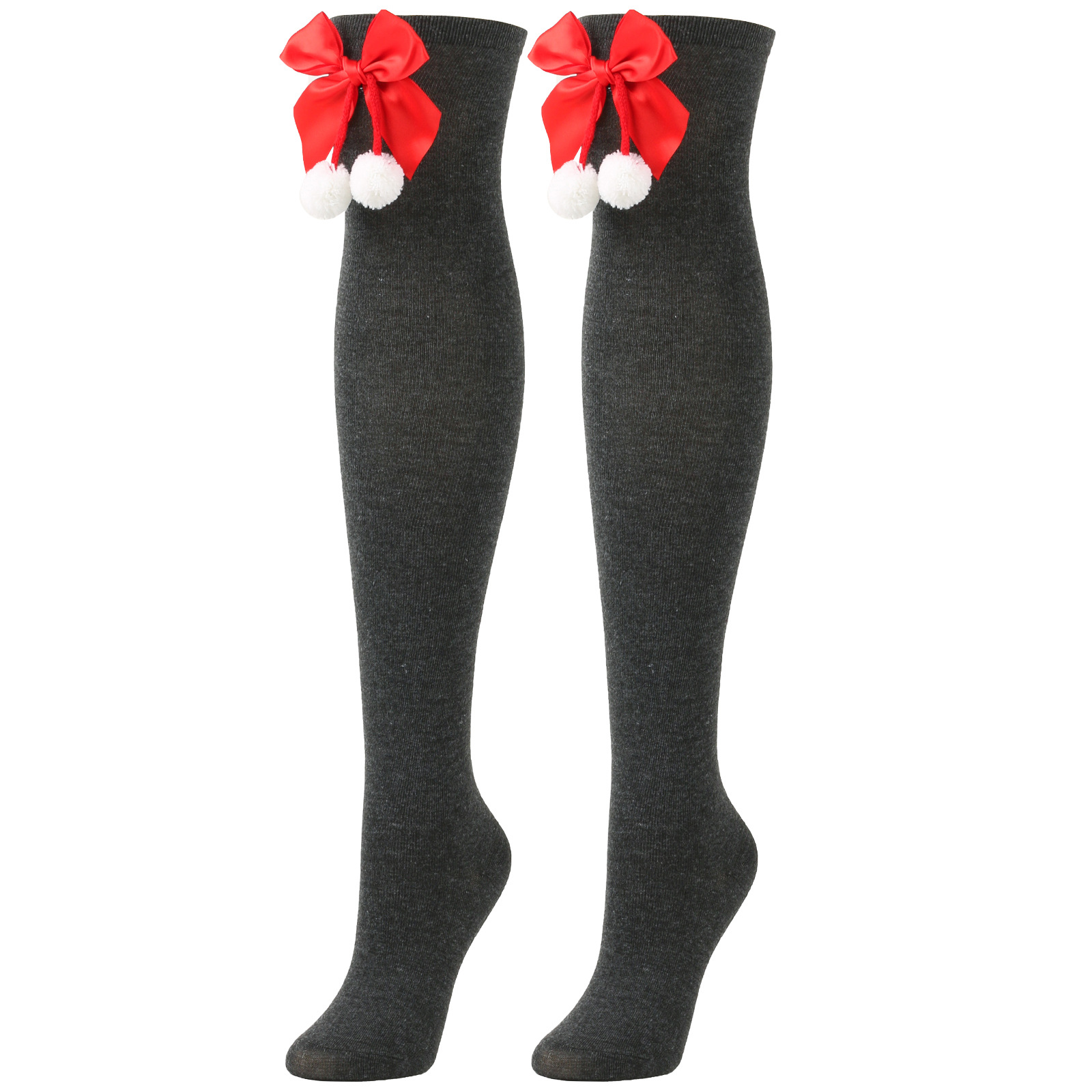 Calzini natalizi unisex con fiocco, calzini a palla, sopra il ginocchio, calzini lunghi da donna, calzini natalizi a righe_voghion.com