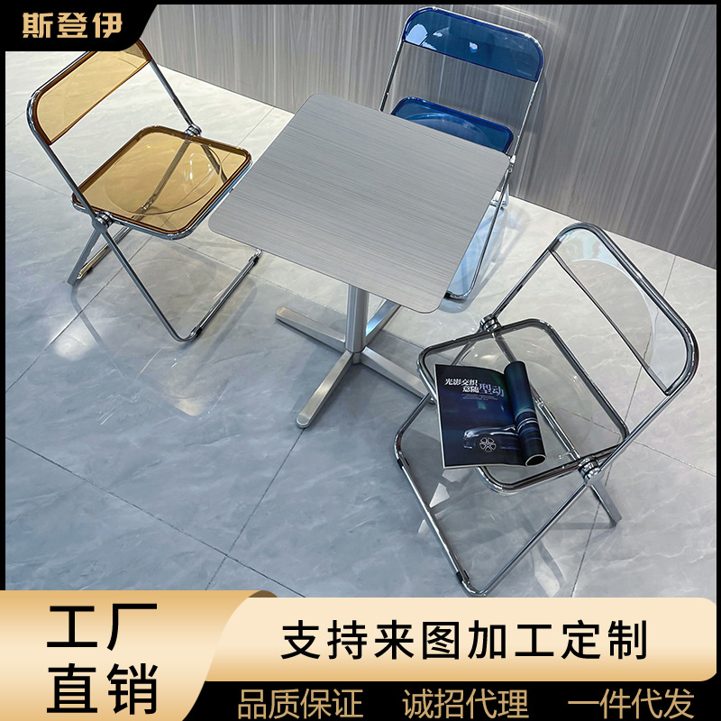 Industrial Style Milk Tea Shop Cafe Stainless Steel Square Bar Table Cross Base Solid Square Table Acrylic Chair Dining Table