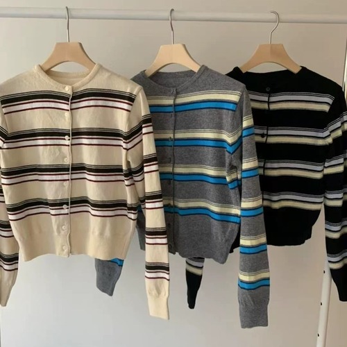 Three-Color 25 Spring Summer Korean Instagram Retro Striped Knit Thin Cardigan Outerwear Sun Shirt School Day Japanese Style